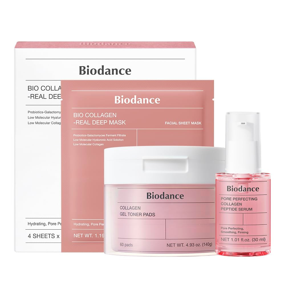 Collagen Pink Glow Trio: Collagen Real Deep Mask & Toner Pads & Peptide Serum for Plumping Hydration, Firming, Korean Skin Care, Skin Care Set