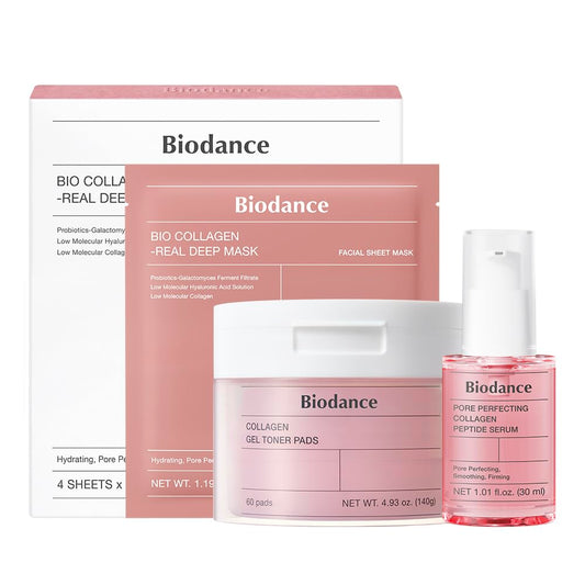 Collagen Pink Glow Trio: Collagen Real Deep Mask & Toner Pads & Peptide Serum for Plumping Hydration, Firming, Korean Skin Care, Skin Care Set